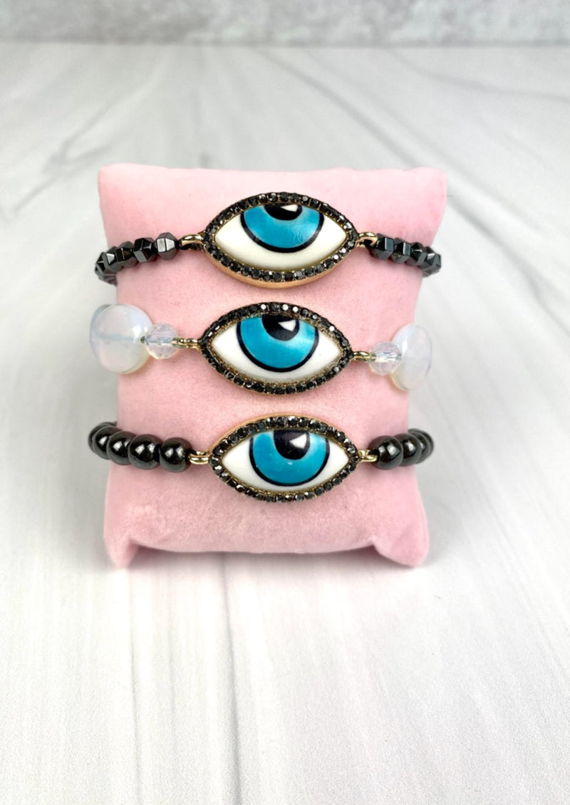 Evileye Evil eye Painted Porcelain blue with gemstone beads Hematites, Opaline, adjustable bracelet Joel handmade