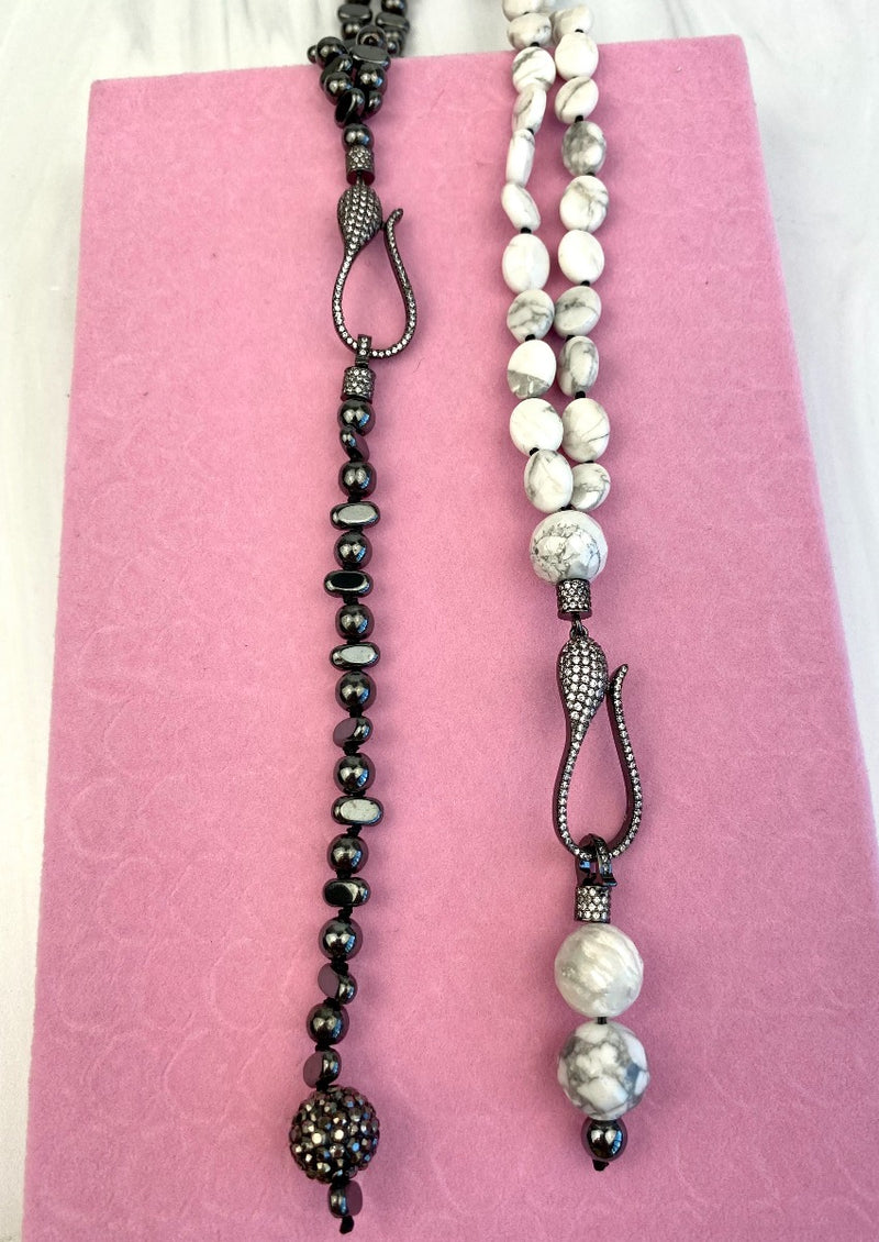 Lariat Necklace Featuring an Oversized Gunmetal Black Clasp with Pave CZ and Marble white Howlite and Hematites Beads Long Necklace