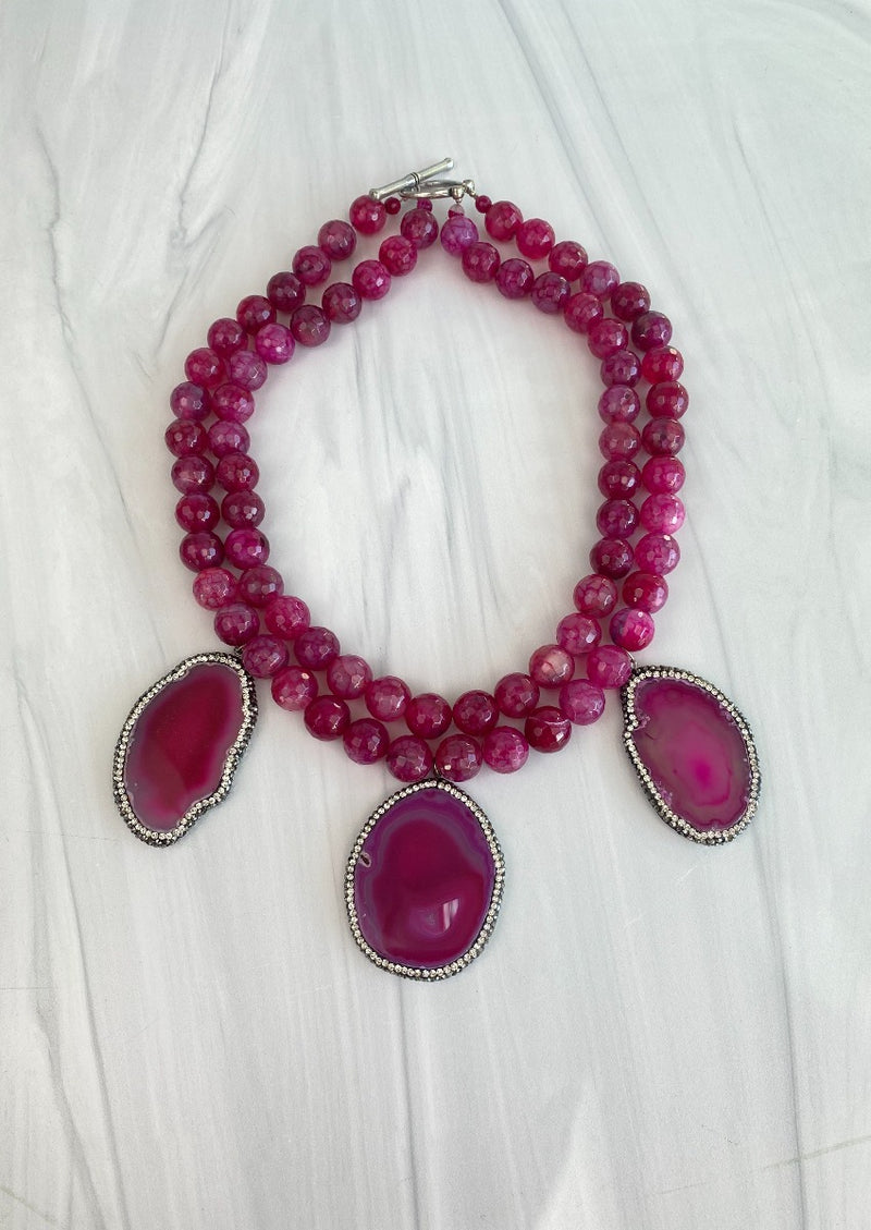 Statement Bespoke Necklace Large Agate Slabs Pendant Hot Pink Fuchsia Oversized Faceted Agate Beads with Crystals Joel Handmade